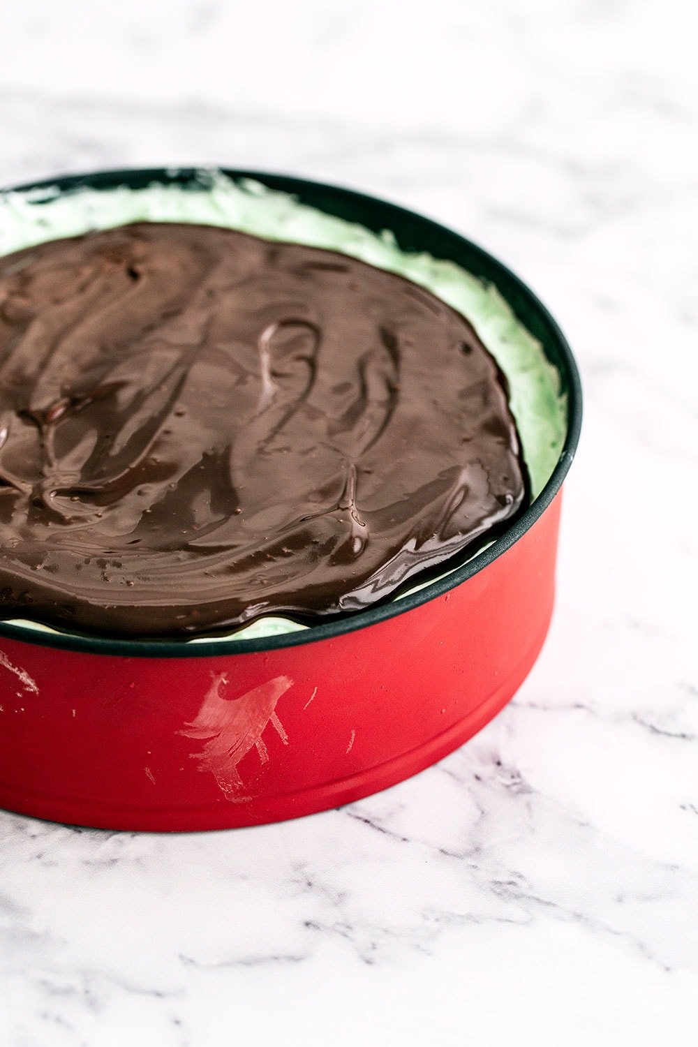 Frozen mint chocolate chip pie in springform pan