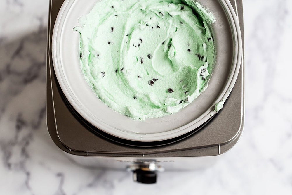 Mint chocolate chip ice cream in the ice cream maker