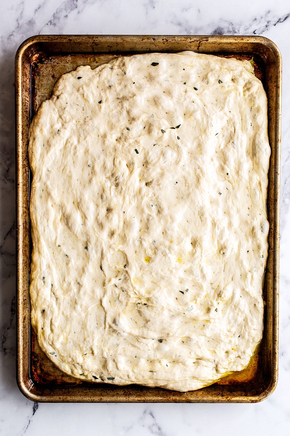 Tray of focaccia dough ready for the oven