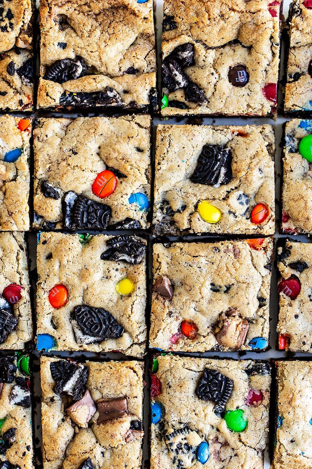 Loaded Cookie bars cut into squares and ready to serve