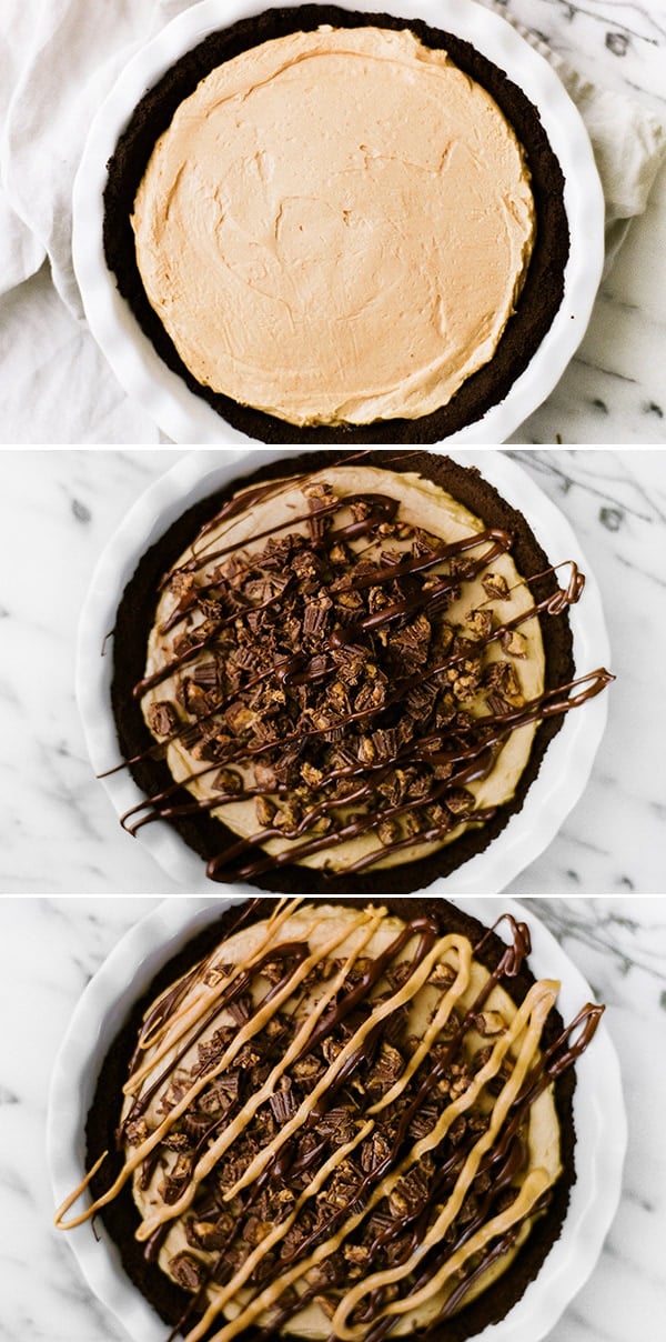 Step by step photos of assembling peanut butter pie with Oreo crust
