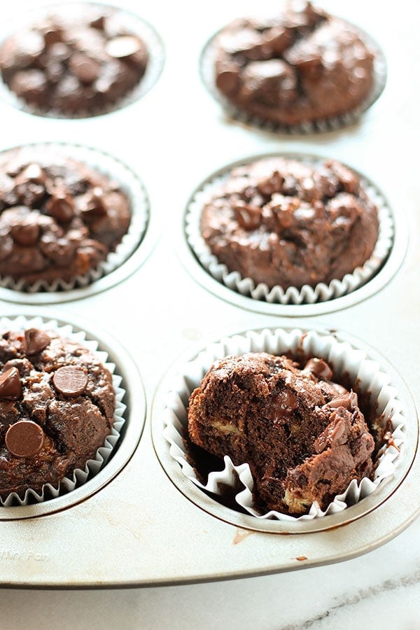 Chocolate Peanut Butter Banana Muffins are made healthier with whole wheat flour, no butter or oil, but tons of flavor! EASY 30 minute recipe.