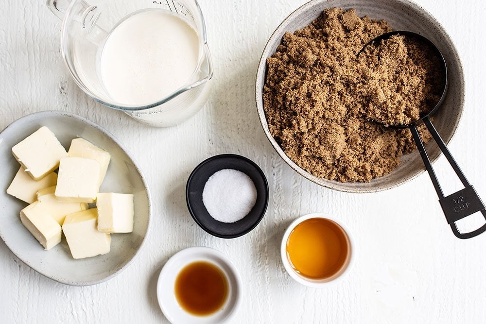 Ingredients for Butterscotch Sauce - brown sugar, butter, cream, salt, vanilla