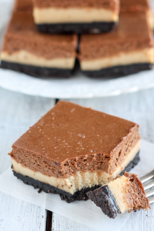 Layered Peanut Butter Chocolate Cheesecake Bars
