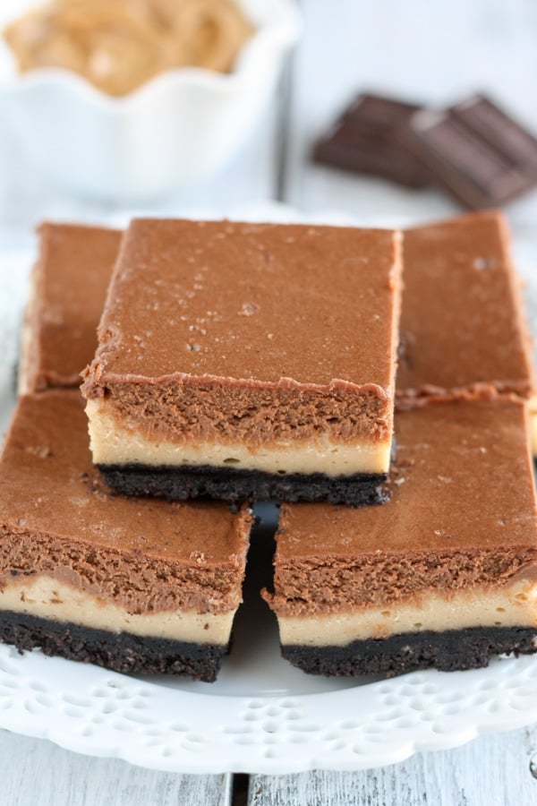 Layered Peanut Butter Chocolate Cheesecake Bars