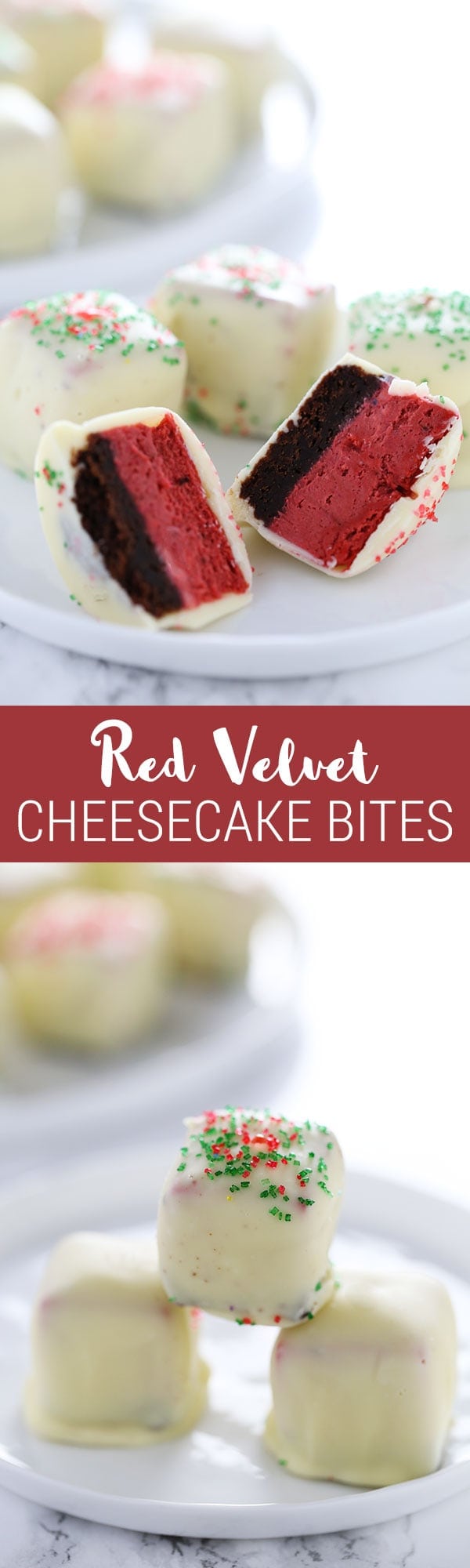 Red Velvet Cheesecake Bites feature squares of homemade red velvet cheesecake dipped in white chocolate and garnished with festive holiday sprinkles! Perfect Christmas treat.