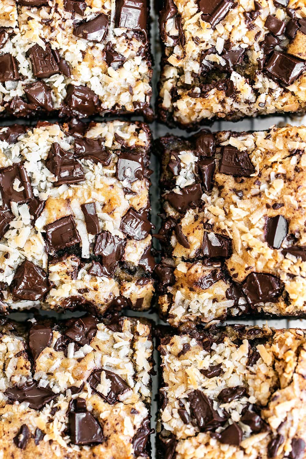 Up close look at the tops of the blondies with chocolate chunks and coconut flakes