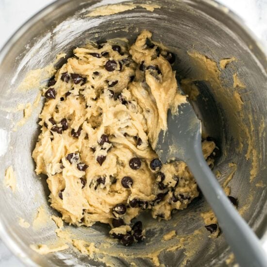 Chocolate chip cookie dough in a bowl